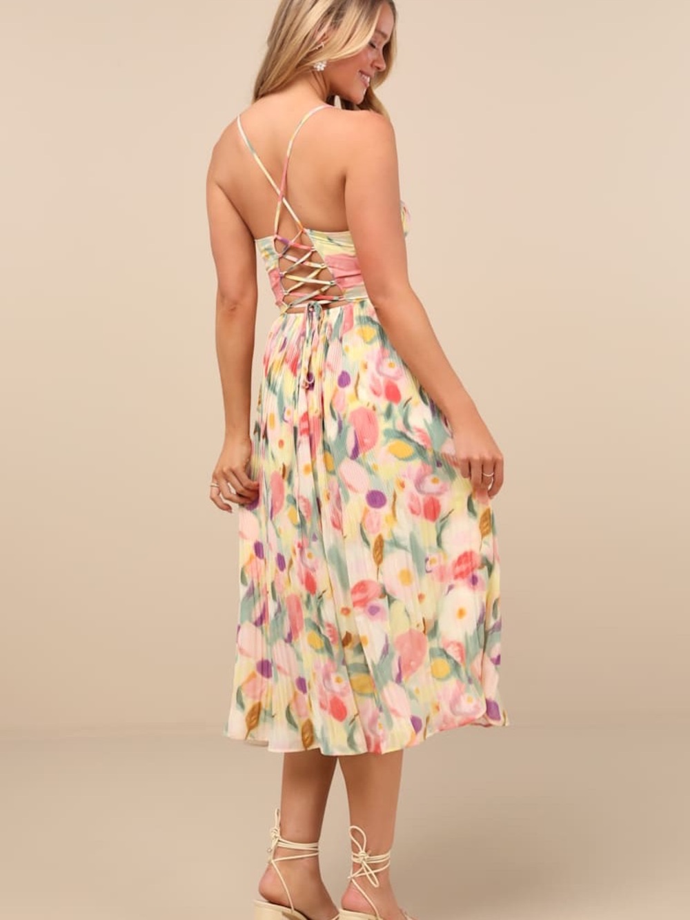 Lulus Aleyna Pleated Midi Dress in Pastel Yellow - Picture 2 of 5